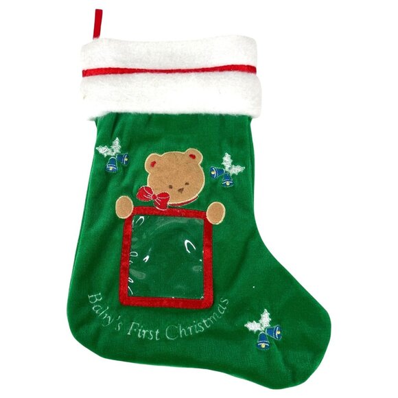 Babys First Christmas Stocking Green Sock With Bear Applique & Photo Holder 10” - Picture 1 of 4
